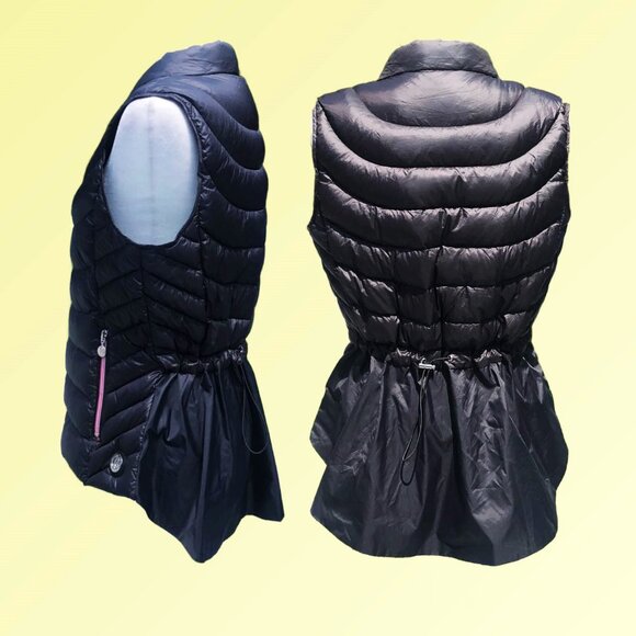 BERNARDO Black Puffer Down Filler Back Cinched Waist Peplum Ruffle Vest Sz M - Picture 2 of 7